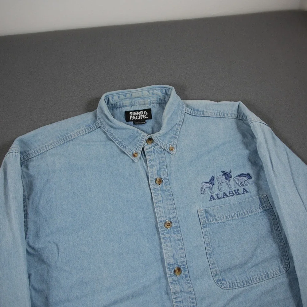 Alaska Wildlife Shamry Denim Embroidered Denim Men L Shirt Vintage Cabin Nature